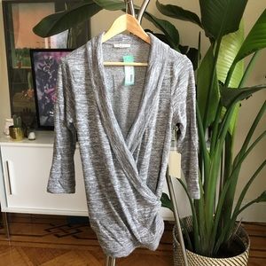 Lt. Grey Wrap Draped Sweater 3/4 Sleeve Cotton Top